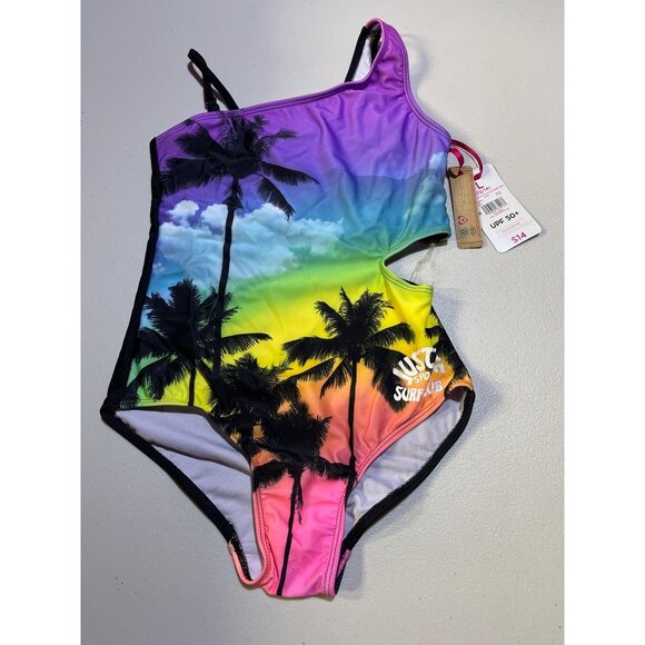 Justice Girls Sz L 12/14 1 Shoulder Cut Out Swimsuit UPF 50+ Rainbow Palm Print - Picture 1 of 9